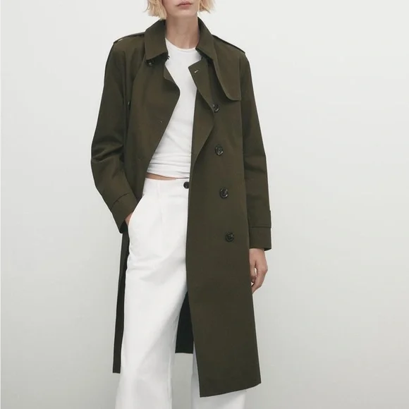 Massimo Dutti Women’s Olive Green Relaxed Fit Double Breasted Trench Coat Sz XS - Picture 2 of 15